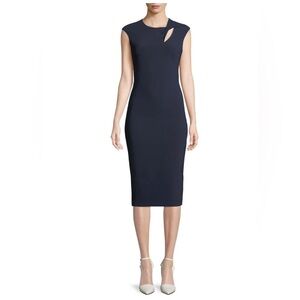 Theia Cap-Sleeve Crepe Cocktail Sheath Dress w/ Asymmetric Keyhole black size 10